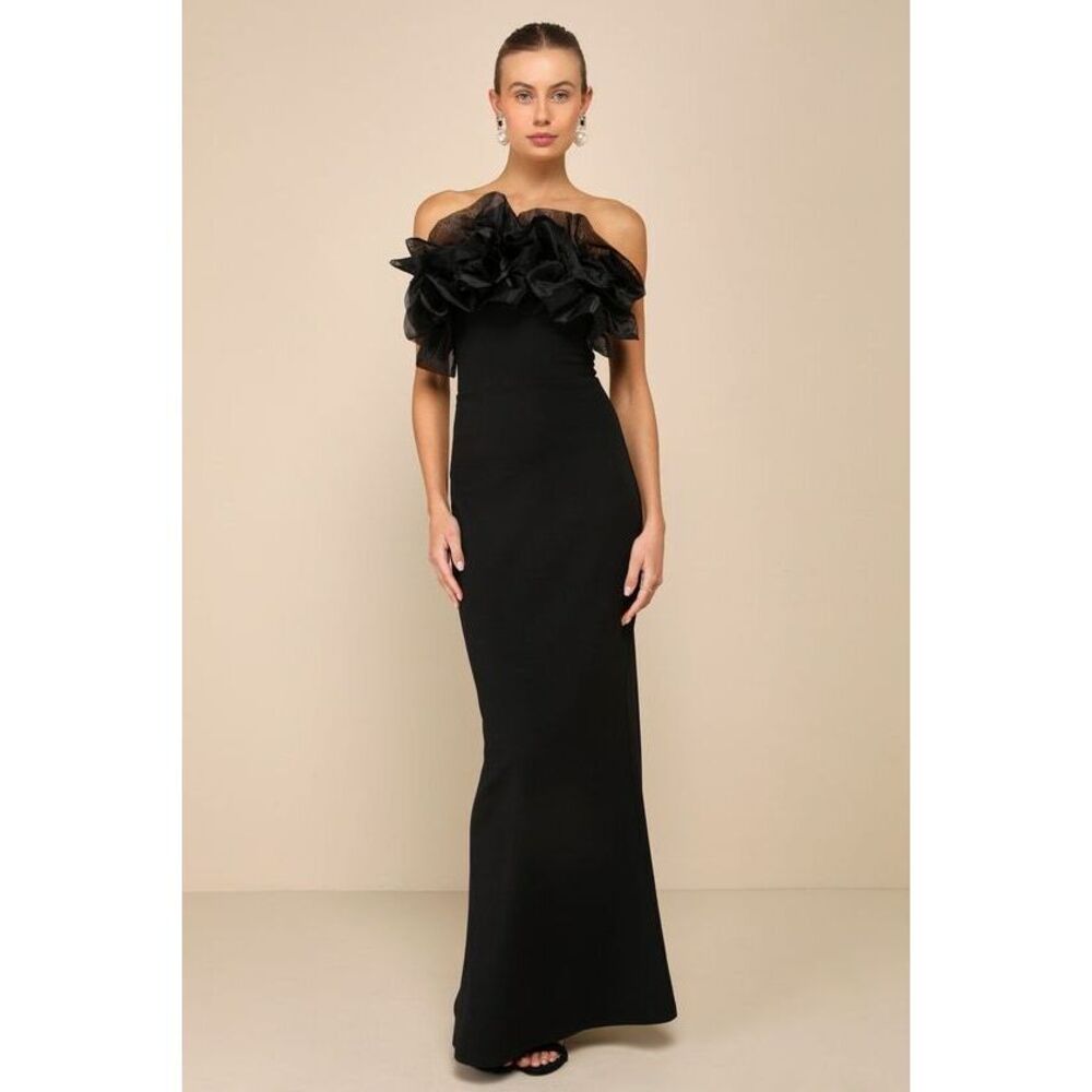Lulus Evening Excellence Black Ruffled Strapless Mermaid Maxi Dress - Size S